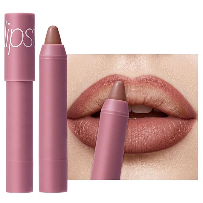 Matte Lipstick Lip Crayon, Rose Pink Long Lasting Lip Stick, Waterproof Velvet Lip Liner Pencil for Women, 24 Hour Neutral Lipstick, C03