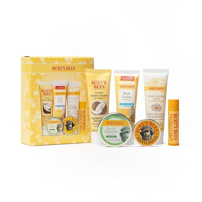 Burt's Bees Timeless Minis Kit, With Coconut Foot Cream, Milk and Honey Body Lotion, Deep Cleansing Cream, Res-Q Ointment, Hand Salve and Beeswax Lip Balm, Natural Origin Skin Care, 1 Kit