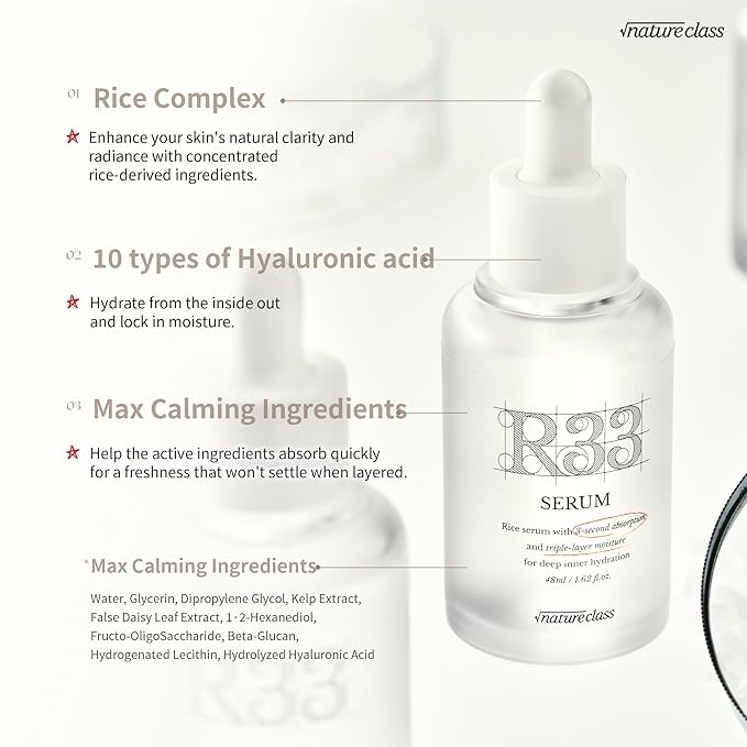 R33 Serum Niacinamide Hyaluronic Acid, Korean Skincare Glass Skin, Brightening Hydrating Face Serum, Dark Spot Correcting Pore Minimizer Facial Serum, K Beauty Fragrance Free, 1.69 fl oz