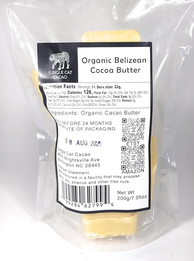 Jungle Cat Cacao Organic Belizean Cocoa Butter - 200g / 7.05oz - Pressed From Fresh Roasted Cacao - Tropical Aroma - Food Grade