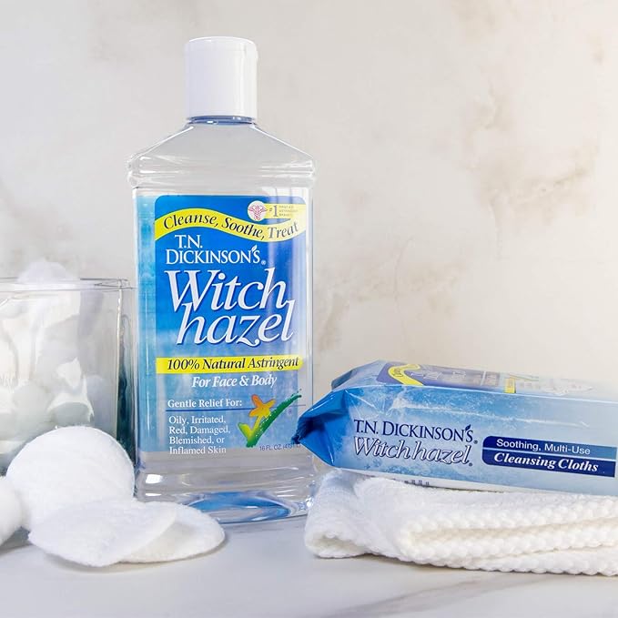 T.N. Dickinson's Witch Hazel Soothing MultiUse Cleansing Cloth, 4 Pack, 25 Cloths Per Pack,white & T.N. Dickinson's Witch Hazel Alcohol-Free Moisturizing Astringent, 100% Natural, 16 oz