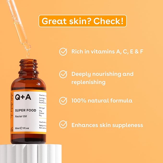 Q+A Super Food Facial Oil (30ml), Natural Vitamin-Rich Face Oil with Jojoba, Vitamin E Oil, Deeply Nourishes and Hydrates Dry, Sensitive, and Normal Skin, Boosts Skin Radiance and Glow