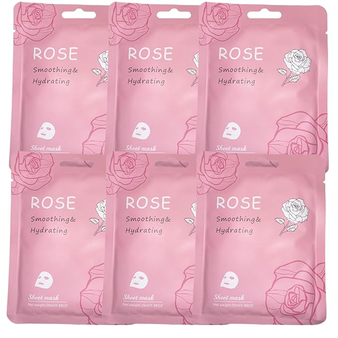 Vegan Organic Face Mask Sheet – Hydrating, Moisturizing & Brightening Skincare with Natural Ingredients for Glowing, Healthy Skin, 6 Count, Rose