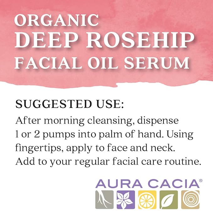 Aura Cacia Organic Deep Rosehip Facial Serum, 1-Ounce, Soothing, Moisture-Preserving Oil, Pure, Free From Synthetic Additives