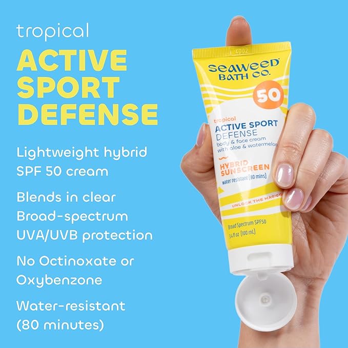 Seaweed Bath Co. Active Sport Defense Cream SPF 50 - Broad Spectrum Hybrid Sunscreen with Zinc Oxide, Aloe & Watermelon - Water Resistant Face and Body Daily Sunblock, 3.4 Ounce (Pack of 2)