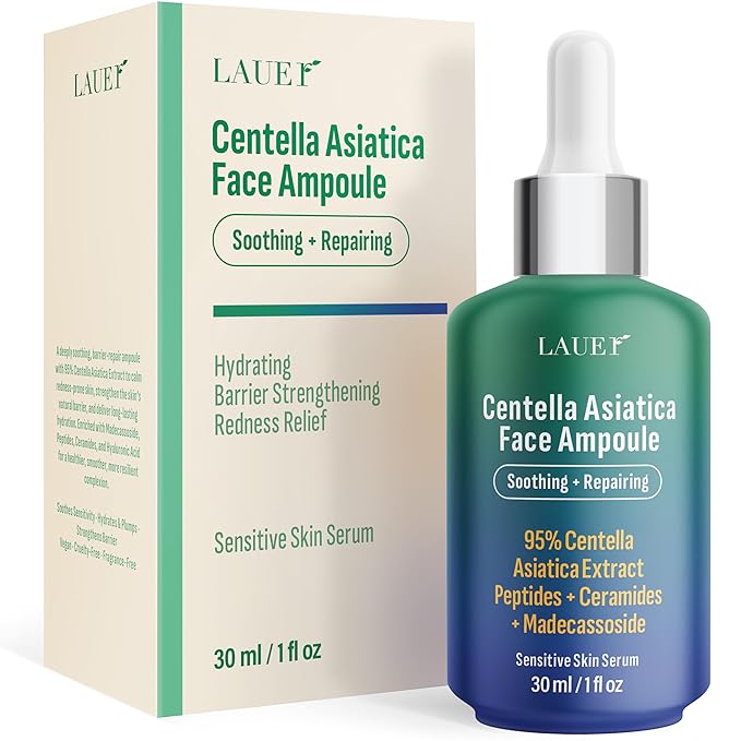 Centella Asiatica Ampoule Serum 95% Madagascar Extract Redness Relief & Barrier Repair with Peptides Ceramides & Madecassoside Soothing Hydrating Serum for Sensitive Irritated Skin 1 fl oz