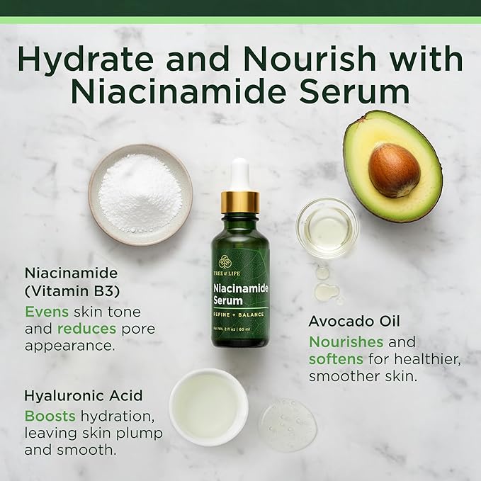 Tree of Life Beauty Niacinamide Vitamin B3 Serum, Hydrating Face Oil for Dark and Age Spots, Tightens Pores, Facial Serums for Sensitive Skin with Hyaluronic Acid and Vitamin E, 2 Fl Oz (Pack of 2)
