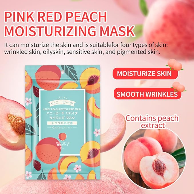 Hydrating Facial Masks Skincare for Women,Honey Peach Face Mask Sheet Skincare, Moisturizing Face Mask for All Skin Types (10-Packs)