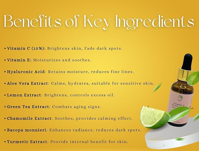 Vitamin C Face Serum - Brightening, Hydrating, Glowing Skin with Hyaluronic Acid, Turmeric, Vitamin E, Green Tea Extract, Anti Aging Facial Serum for Fine Lines & Wrinkles – 1 Fl Oz