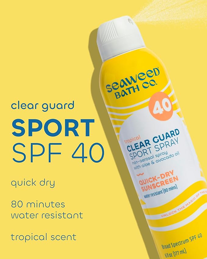 Seaweed Bath Co. Clear Guard SPF 40 Sport Broad Spectrum Sunscreen - Quick Dry, Air-Powered Spray - Natural Tropical Scent - With Sustainably Harvested Seaweed, Aloe, Avocado Oil - 6 oz