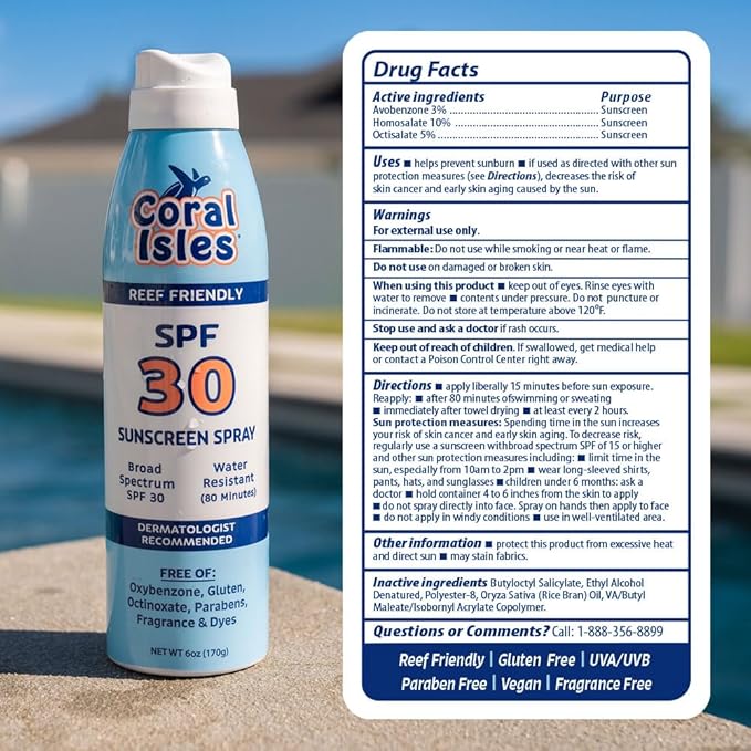 Coral Isles SPF 30 Sunscreen Spray - Hawaii Reef Safe Compliant - Oxybenzone & Octinoxate Free - Broad Spectrum UVA/UVB - Water & Sweat Resistant - 6 Fl Oz (Pack of 2)
