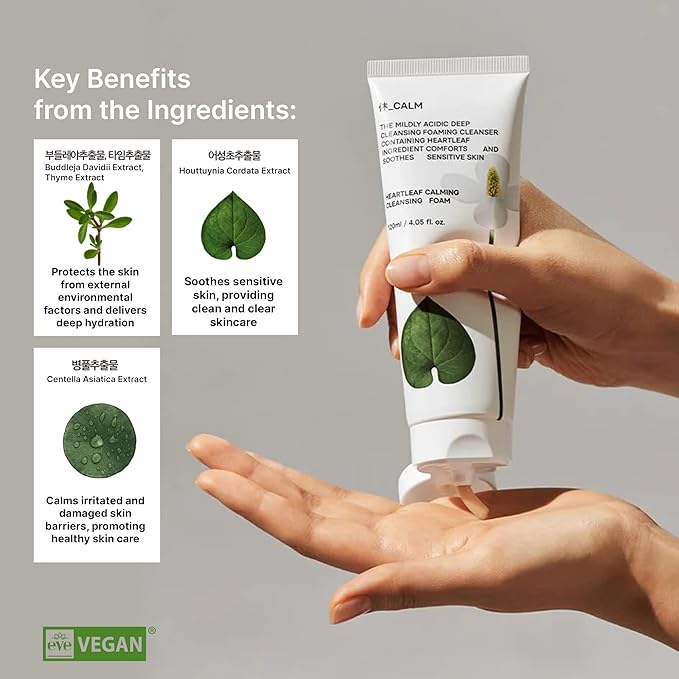 Heartleaf Calming Cleansing Foam - Korean Skincare Face Wash for Sensitive Skin, Makeup Remover & Hydrating Cleanser with Centella & Bamboo Extracts - Hypoallergenic & EWG Green Ingredients, 120ml