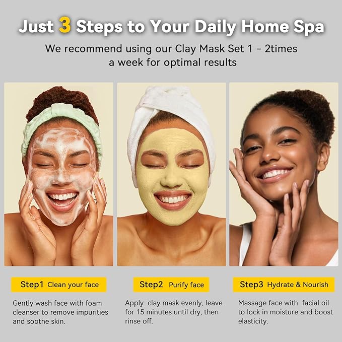 Hicream Turmeric Clay Mask, Green Tea, Dead Sea Minerals Mud Mask, Spa Facial Mask 3-Piece Set for Deep Cleansing, Moisturizing and Refining Pores, Vegan & Cruelty-Free, 7.5 fl.oz