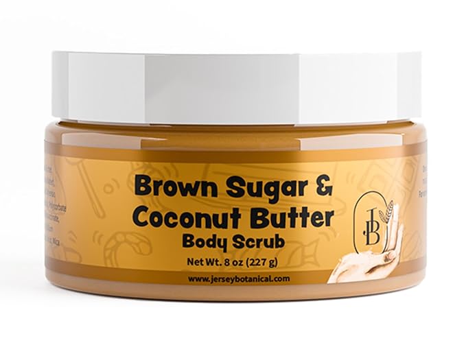 Jersey Botanical Shea Sugar Body Scrub – Exfoliating, Hydrating & Moisturizing Skin Care with Shea Butter, Smooth & Soften Skin, 8 oz (Brown Sugar & Coconut Butter)