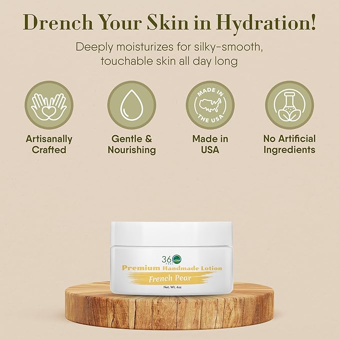 360Feel French Pear Body Lotion - Hydrates with Coconut & Olive Oil, Plant-Based, Non-Greasy, Sensitive Skin, All Day Use