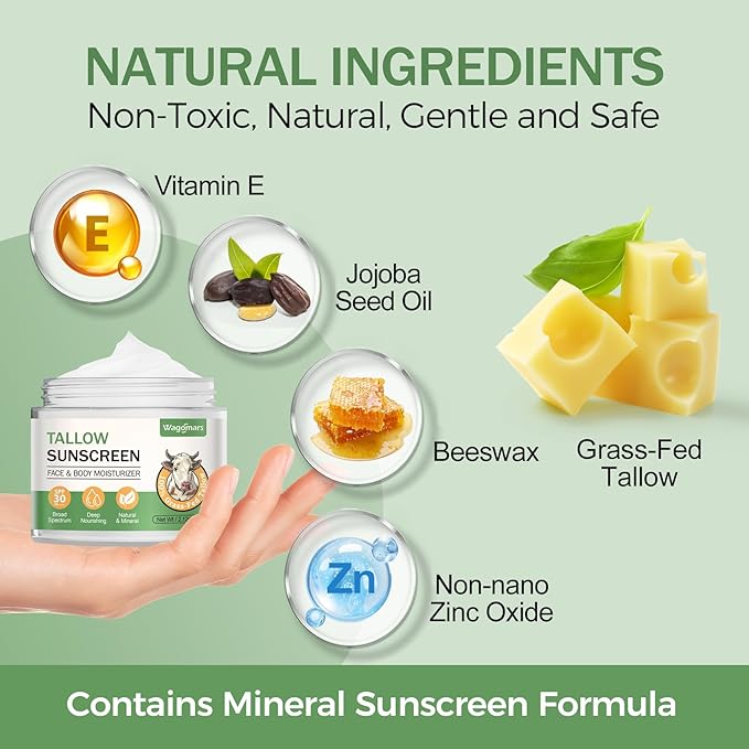Tallow Sunscreen SPF 30 - Non-Toxic Natural Mineral Sunscreen with Zinc Oxide & Beef Tallow - Reef Safe Sunblock for Face & Body - Moisturizing for All Skin Types (Sport & Daily Use)