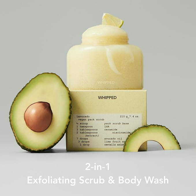 WHIPPED VEGAN SCRUB 210g (7.40 oz) – Soft as Gelato Texture, Enriched with Ceramide, Shea Butter & Niacinamide | 10x Finer than Sugar Scrubs | for Face & Body (Lavocado(Lime + Avocado))
