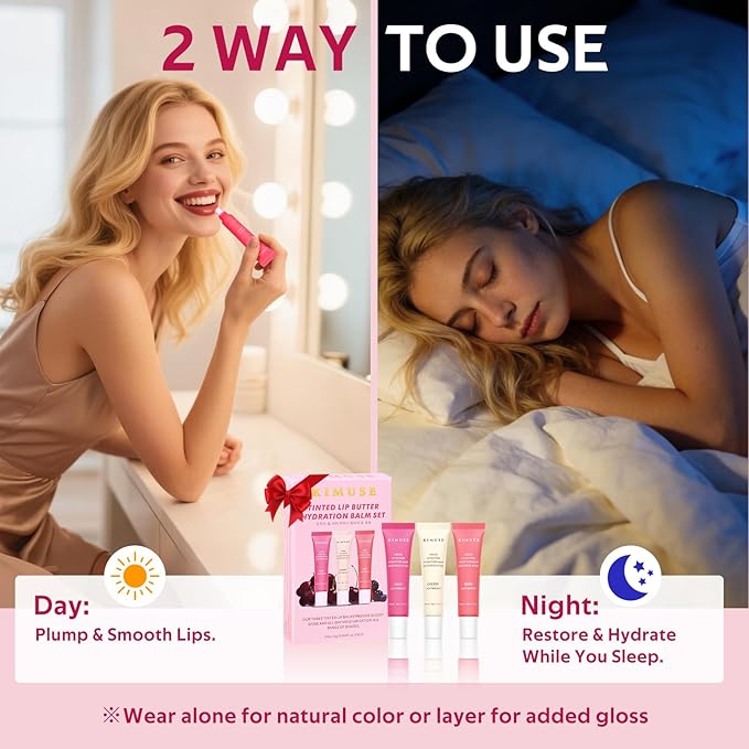KIMUSE 3 Pack Tinted Lip Butter Hydration Balm, Hydrating Lip Treatment with Hyaluronic Acid & Vitamin E, Tinted Lip Balm for Instant Moisture, Shine & Hydration, Supple Lips, Vegan & Cruelty-Free