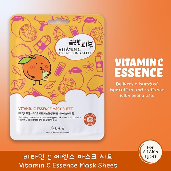 esfolio Vitamin C Essence Mask Sheet – Hydrating Face Mask, Antioxidant-Rich Korean Skincare for Radiant & Glowing Skin, Deep Moisturizing Sheet Mask for All Skin Types (Pack of 10)
