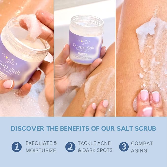 Sea Salt Body Scrub by Florida Suncare - Ocean Salt Body Polish Infused with Marine Algae - Exfoliating Face and Body Scrub - Facial Scrub Exfoliator to Tackle Acne and Scars (Coconut, 12.1 oz)