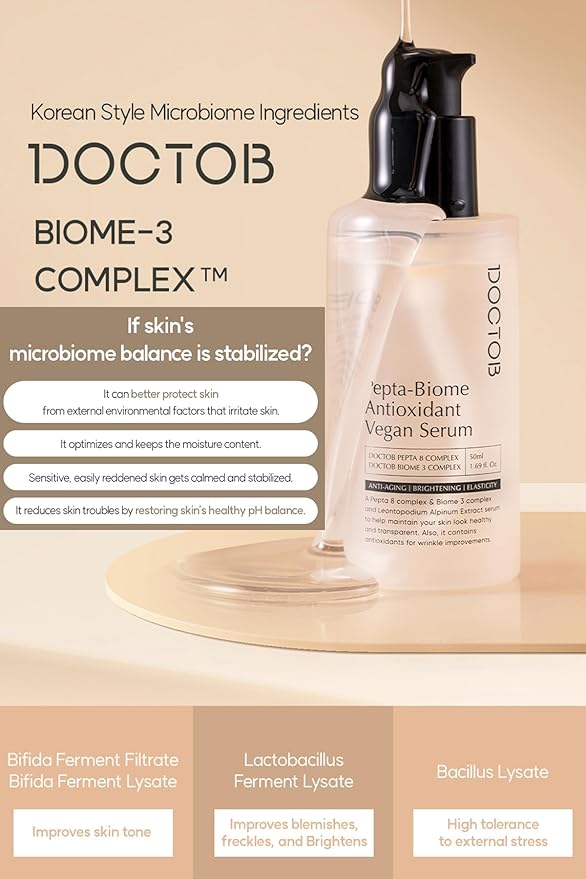 DOCTOB Pepta-Biome Antioxidant Vegan Serum- Deep Hydration, Anti-Aging, Reduces Redness & Acne, Smoother, Youthful Skin 50ml / 1.69 fl.oz