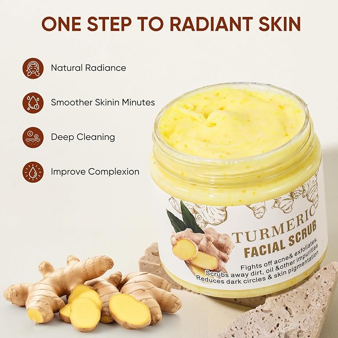 Facial Scrub, Exfoliating Turmeric Scrub and Skin Exfoliator, Deep Cleansing Face Wash Cleanser for Women, Glow Skin Face Scrub for Moisturizing, Nourishes, Dark Spots
