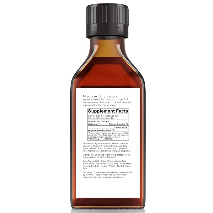 Au Natural Organics Rosehip Oil - Natural Source of Vitamin A - Face & Body Skin Moisturizer - Cleansing & Anti-Aging Power - 3.4oz / 100ml