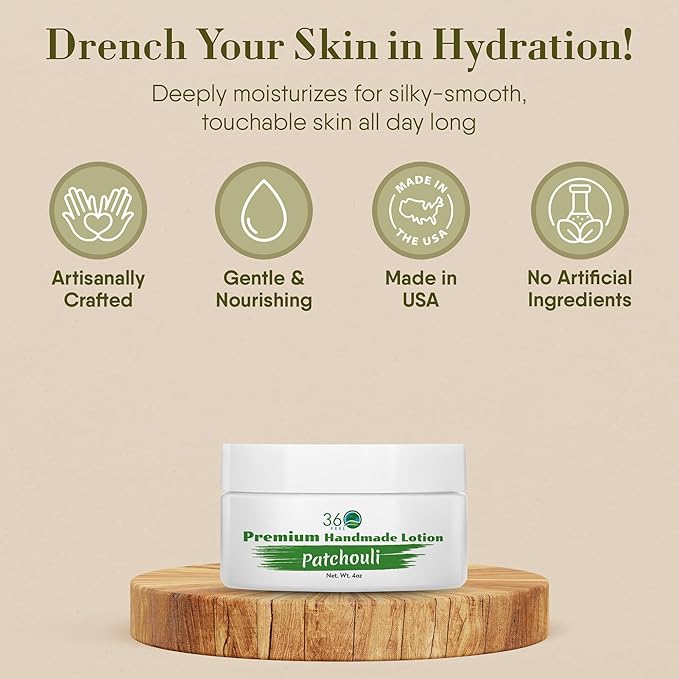 360Feel Patchouli Body Lotion - Hydrates with Coconut & Olive Oil, Plant-Based, Non-Greasy, Sensitive Skin, All Day Use