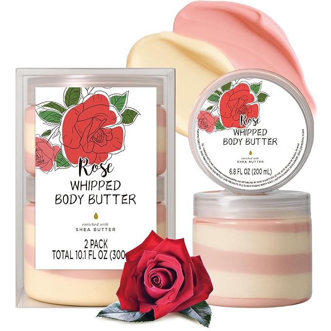 Rose Whipped Body Butter, Shea Body Butter for Women Dry Skin, Natural Rose Lotion for Body Moisturizer-Deep Moisturizing and Softening-3.4 floz+6.8 floz(100ml+200ml)