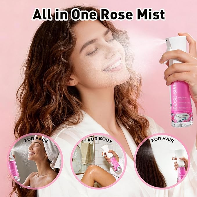 Rose Water Spray for Face & Hair - 10 Fl Oz Hydrating Face Mist for All Skin Types - Refreshing Rose Toner for Face, Skin & Hair Care, Alcohol-Free & Gentle Formula