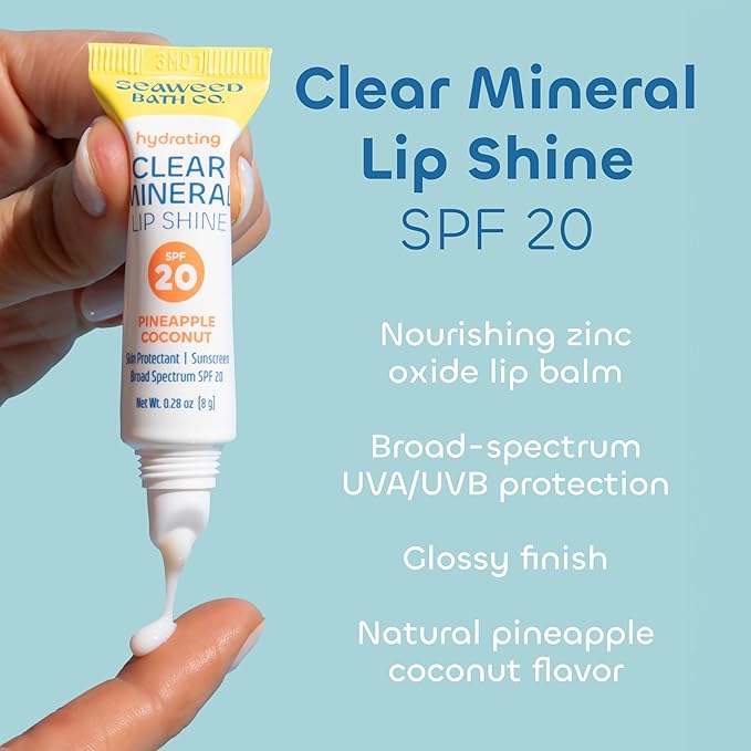 Seaweed Bath Co. Hydrating Clear Mineral Lip Shine - SPF 20 Sunscreen Zinc Oxide Lip Balm - Nourishing Care to Hydrate & Protect Dry, Chapped Lips - Natural Pineapple Coconut Flavor- 0.28 oz