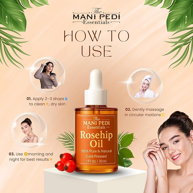 Rosehip Oil for Face. 100% Pure, Natural, Cold-Pressed & Organic. Natural wealth of vitamins that help nourish & hydrate your skin - 1 Fl Oz