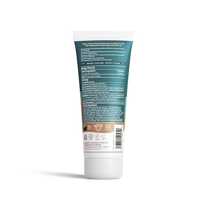 Happy Ocean Kids Mineral Sunscreen SPF 45 – Reef Safe, Non-Toxic Sunscreen for Kids, Non-Greasy Zinc Oxide, Travel Size, Water Resistant, Face & Body