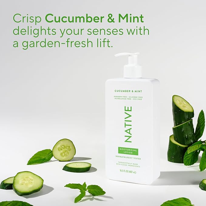 Native Body Lotion, Cucumber & Mint, 48-Hour Hydration for Dry & Sensitive Skin, Made with Plant-Based Moisturizers like Shea Butter, Silicone & Paraben Free, 16.5 fl oz