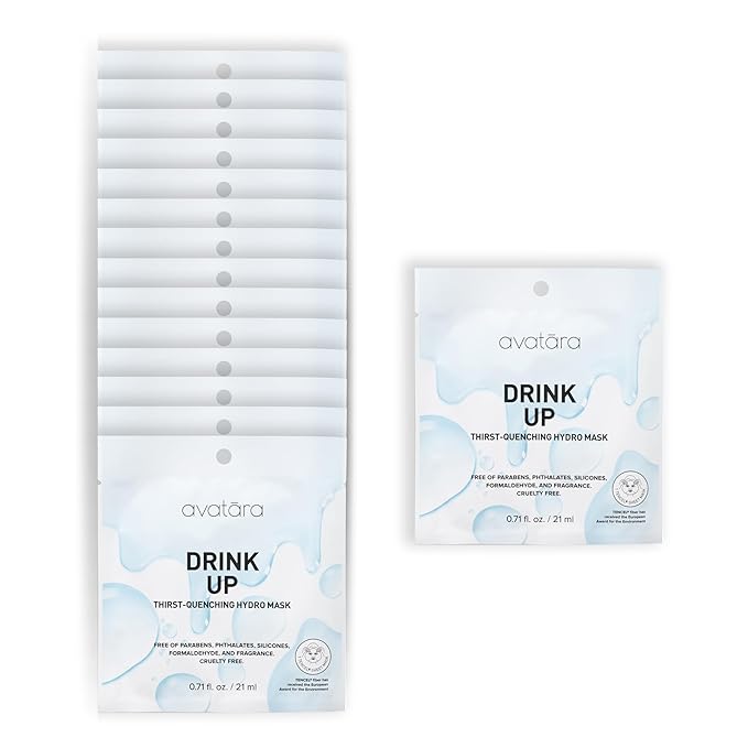 Avatara - Drink Up Facial Mask 15 Sheets, Hydrating Mask, Sheet Masks with Aloe Vera and Licorice Root, Face Mask Skincare Beauty Essential Made with Tencel Fibers, Paraben-Free, Dry Skin, 15 Pack