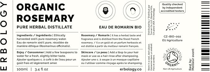 Erbology Organic Rosemary Water 3.4 fl oz - Premium Food Grade Hydrolate of Rosemary - Healthy Hair - Small Batch - Sustainably Sourced Straight from Farm in Provence, France