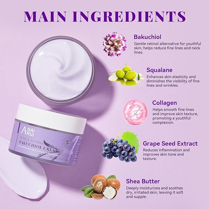 ANAI RUI Bakuchiol Face Cream for Women - Natural Retinol Alternative Anti Aging Moisturizer with Squalane & Collagen, Hydrating Wrinkle Cream for Day&Night Use 1.7 Oz
