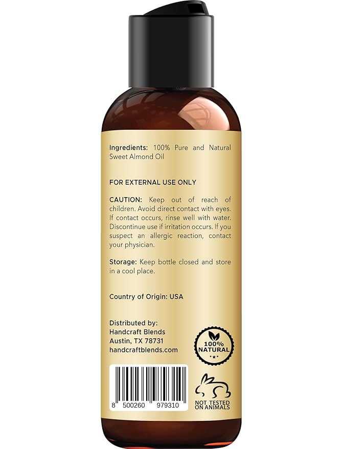 Handcraft Blends Sweet Almond Oil - 4 Fl Oz - 100% Pure and Natural - Premium Grade Carrier Oil for Skin and Hair - Hair and Body - Massage - Hexane-Free