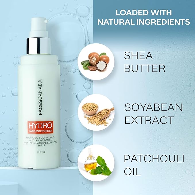 FACESCANADA Hydro Face Moisturizer | Hydrates & Conditions Skin | Anti Aging with Natural Extracts | SPF 15 Sun Protection | Lightweight Daily Cream | 3.38 Fl Oz (100ml)