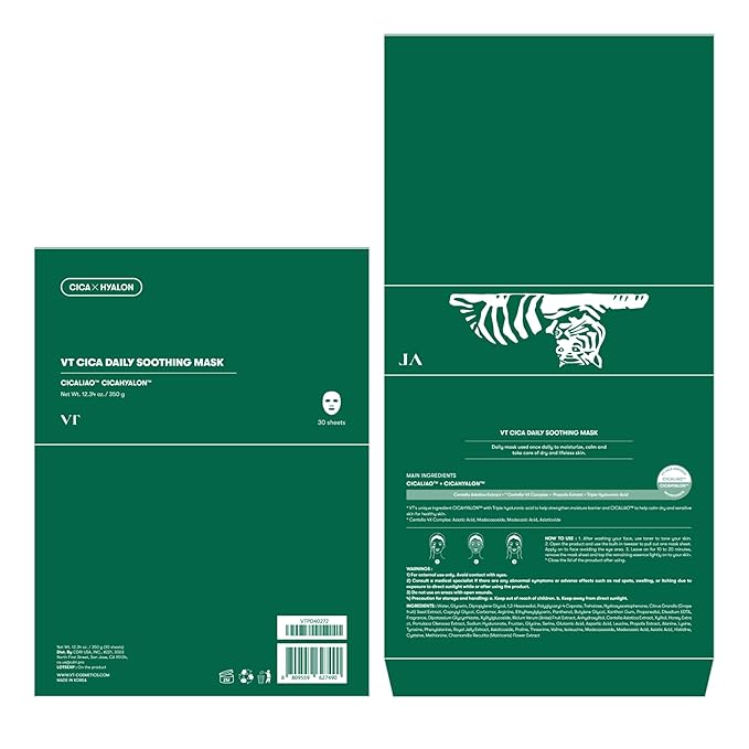 VT COSMETICS CICA Daily Soothing Mask 30 Sheets, Centella Asiatica & Hyaluronic Acid for Moisturizing & Hydrating, Instant Calm & Glow, Skin Softening Facial Mask, Korean Face Mask