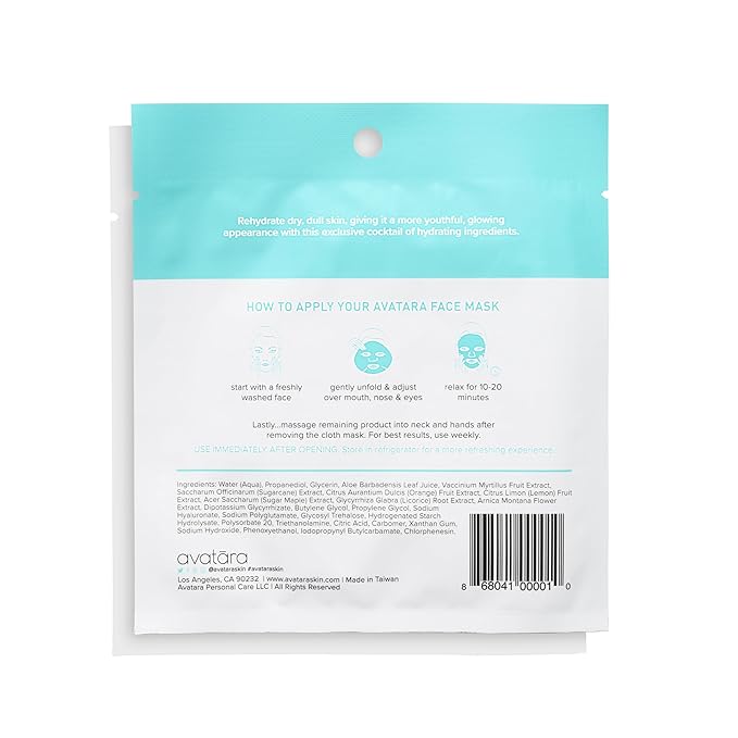 Avatara - Drink Up Facial Mask 15 Sheets, Hydrating Mask, Sheet Masks with Aloe Vera and Licorice Root, Face Mask Skincare Beauty Essential Made with Tencel Fibers, Paraben-Free, Dry Skin, 15 Pack