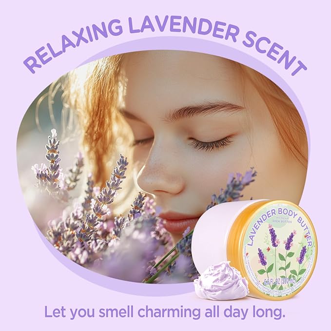 Lavender Body Butter, Natural Shea Body Butter for Dry Skin, Womens and Mens Body Care, Body Care for Deep Moisturizing and Hydrating-3.4 floz+6.8 floz