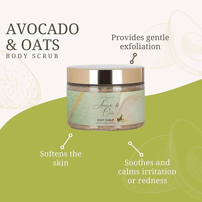 Exfoliating Sugar Body Scrub, Nourishing and Brightening Skincare Formula for Smooth, Radiant Skin, Hydrates & Revitalizes All Skin Type, 12 oz (12 OZ, Avocado & Oats)