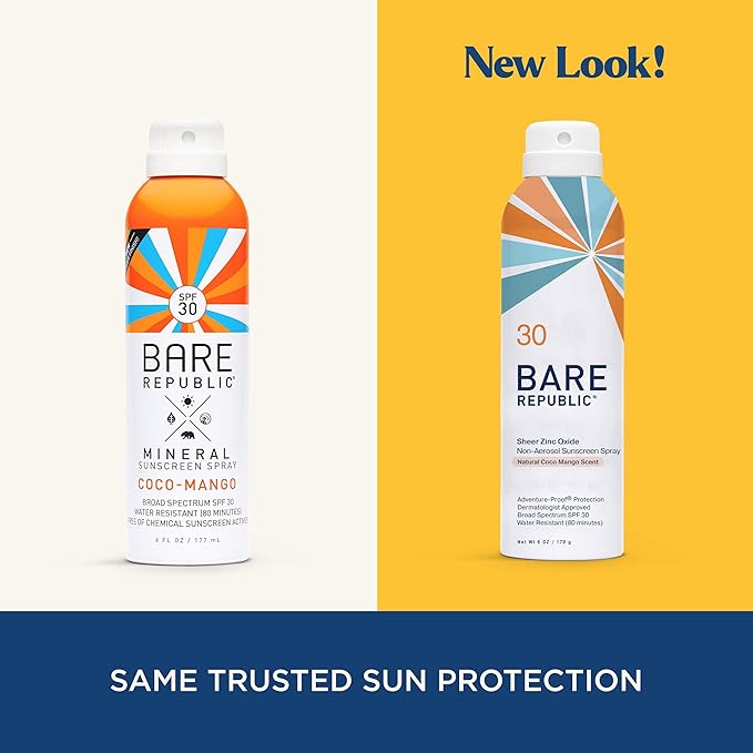 Bare Republic Mineral Sunscreen SPF 30 Sunblock Spray, Sheer and Non-Greasy Finish, Coconut Mango Scent, 6 Fl Oz