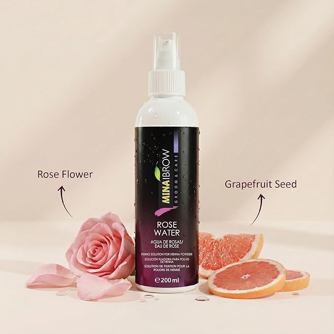 Mina Rose Water Facial Toner And Eyebrow Henna Tint Fixing Solution | Organic, Refreshing Natural Rose Water | 200ml
