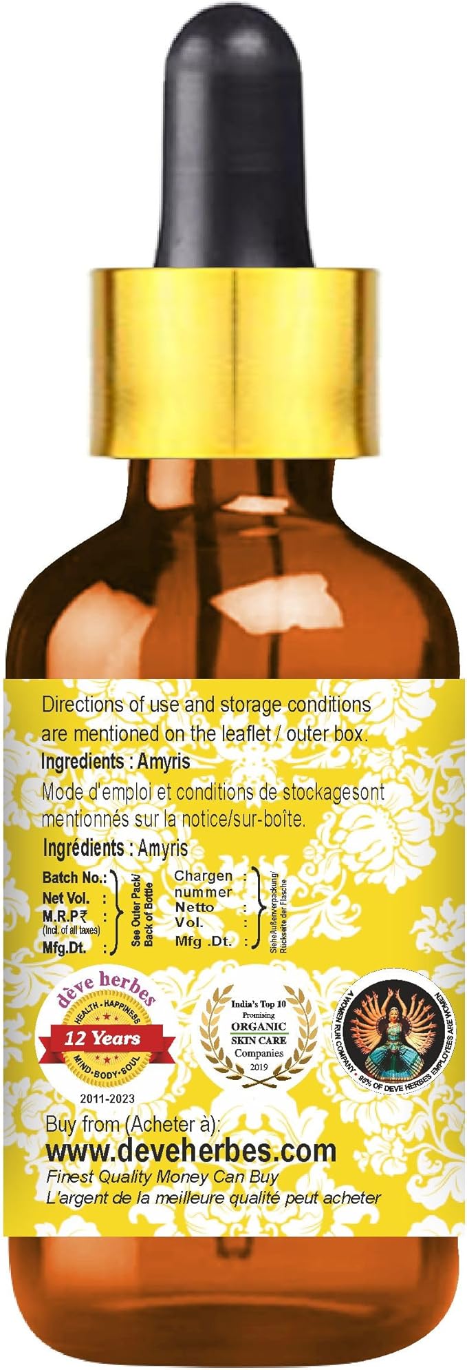 Deve Herbes Pure Amyris Essential Oil (Amyris balsamifera) with Glass Dropper Steam Distilled (Pack of Two) 100ml X 2 (6.76 oz)