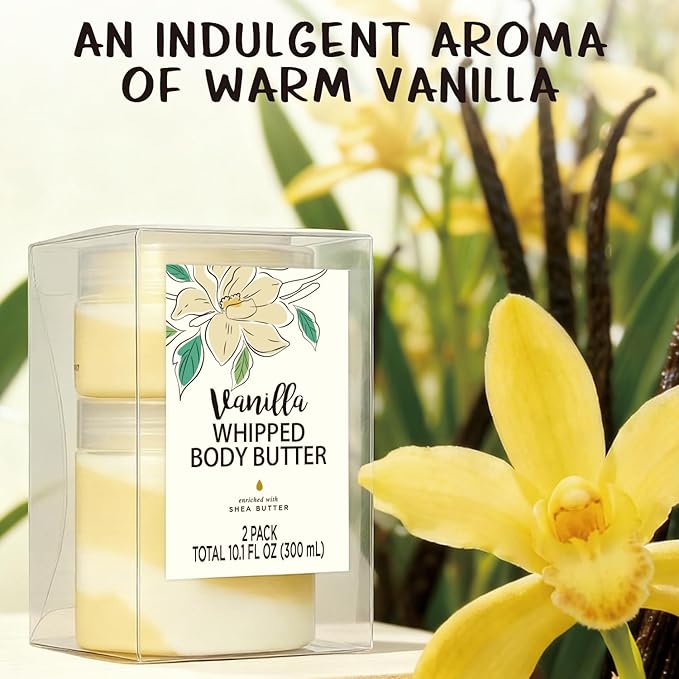 Vanilla Whipped Body Butter, Shea Body Butter for Women Dry Skin, Natural Vanilla Lotion for Body Moisturizer-Deep Moisturizing and Softening-3.4 floz+6.8 floz(100ml+200ml)