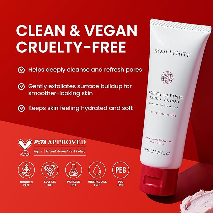 Koji White Exfoliating Facial Scrub | Kojic Acid Face Wash, Gentle Daily Scrubber & Exfoliator for Radiant with 1% Walnut Shell, AHA, Hyaluronic Acid for Uneven Skin Tone, Vegan Skincare, 3.38 Fl Oz