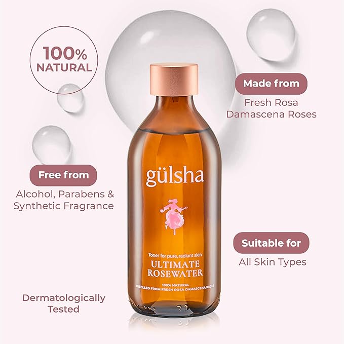 GULSHA ULTIMATE ROSEWATER, Natural Rosa Damascena Flower Water, Cleanses, Nourishes and Tones Skin, Restores Radiance to Your Skin, Free from Chemicals, 100% Natural Glow Rose Essence, 250ml/8.45fl oz
