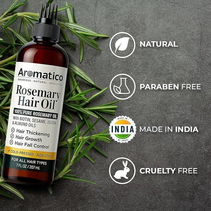 Aromatico 100% Pure Rosemary Oil for Hair Growth, Hair-fall Control & Hair Thickening. Enriched with Sesame, Jojoba & Almond Oils. Non-Sticky Texture. With Applicator Cap - 7 Fl Oz